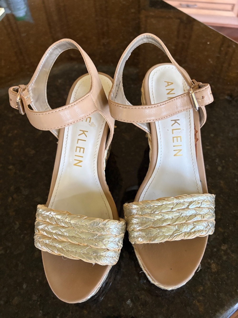 Anne Klein Tan and Metallic Gold Braided Espadrille Wedges